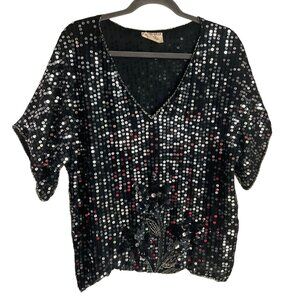 VTG Sequins Queen Medium Silk Beaded Top Black Silver Sequin Floral Embellished*